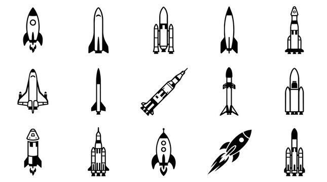 Diverse rocket and space shuttle icons set