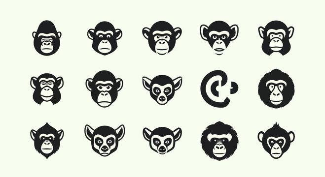 Monkey Face Icons Collection: Diverse Primate Expressions and Styles