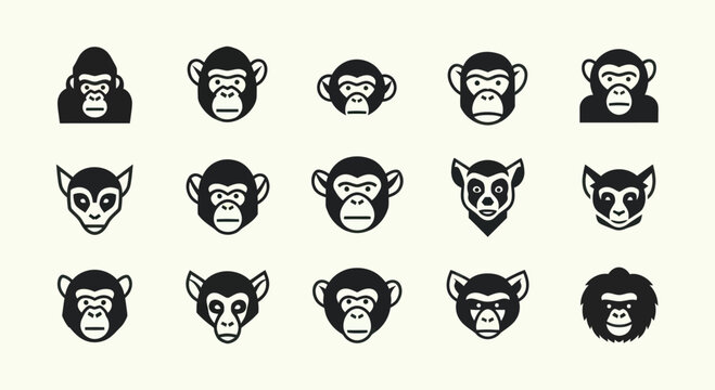 Monkey Face Icons: Gorilla, Chimpanzee, Lemur, Orangutan - Primate Head Collection