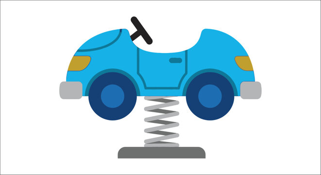 Blue Rocking Car With Spring On White Background Flat Vector Illustration
