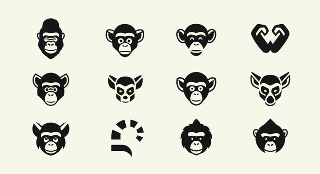 Monkey Faces Icons Set - Primate Head Emblems, Wildlife Vector Graphics
