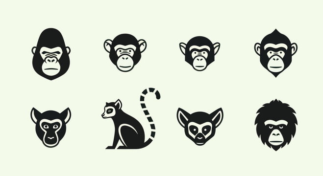 Monkey Faces Icon Set, Primate Head Collection, Animal Vector Graphics