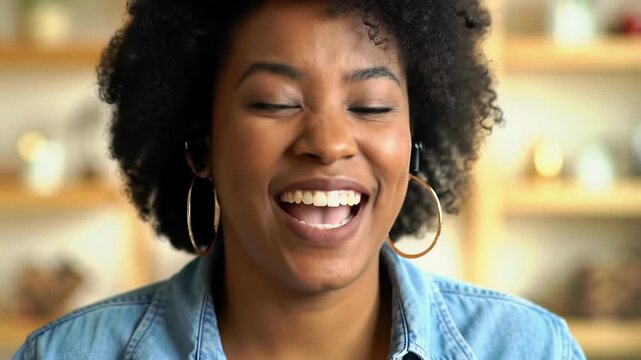 Young african american woman, mid-20s, curly hair, laughs, points excitedly at digital content, in warm light with cozy bokeh background. Concept of joyful digital engagement