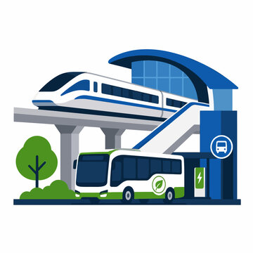 Modern electric bus and high speed train at urban transport station.