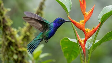 Fototapeta premium Violet sabrewing hummingbird hovering and drinking nectar from orange heliconia flower with green foliage