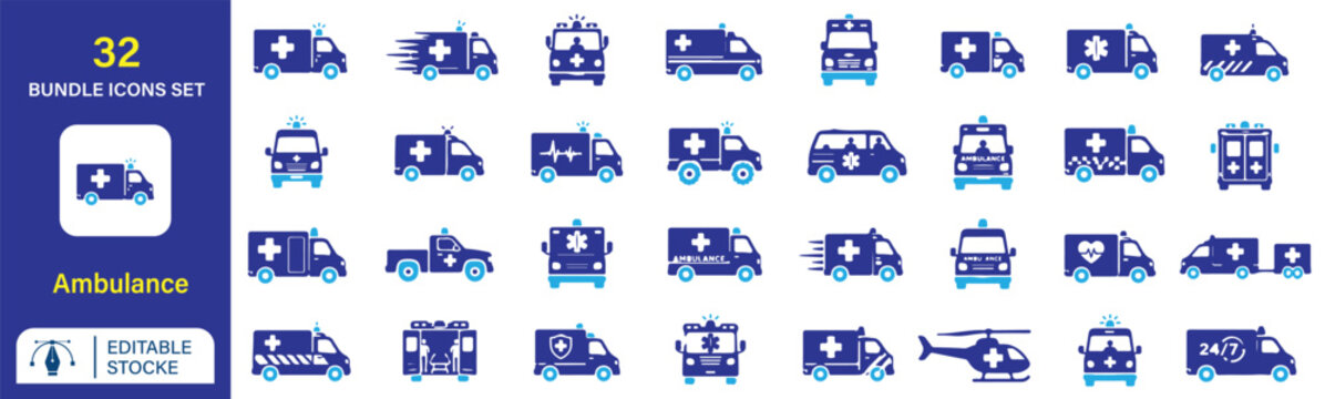 Set of 32 Ambulance icons Each icon will be different, create a vector outline icons using white background and black colour.