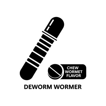 A black silhouette of a capsule and tablet with dewormer and chew wormet flavor text silhouette