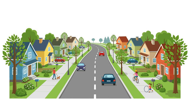 Colorful suburban neighborhood street with houses and trees