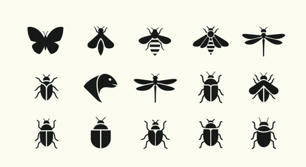 Obraz premium Insect Icons Collection: Butterfly, Bee, Dragonfly, Beetle, Ant, Moth
