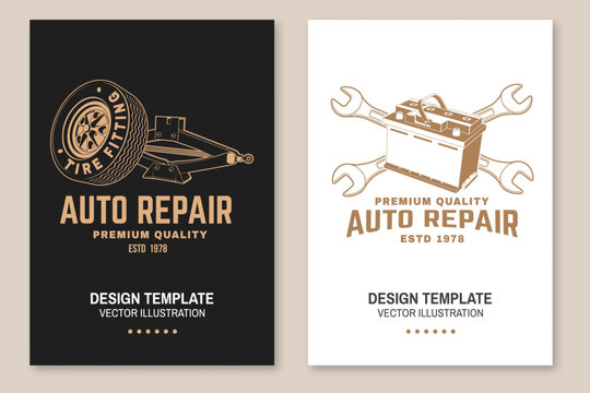 Vintage Automotive Battery Repair Service Poster with Car Accumulator and Garage Tools Retro Vector Design