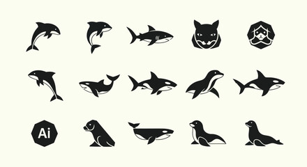 Fototapeta premium Marine Mammal Icons: Dolphins, Sharks, Seals, Whales & Tiger Face