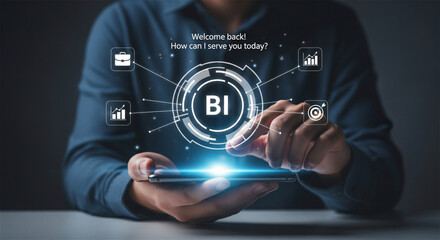 Fototapeta premium Business Intelligence BI dashboard on smartphone, digital data analytics interface, businessman using mobile technology for financial growth