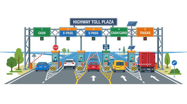Illustration of Modern Highway Toll Plaza with Multiple Payment Lanes