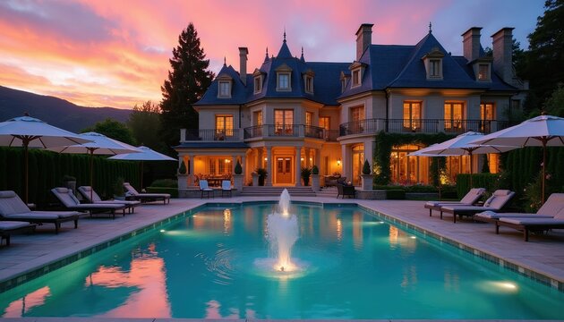 Luxury villa with pool and fountain at sunset. Elegant mansion surrounded by manicured gardens and scenic hills. Comfortable lounge chairs and umbrellas on poolside terrace.