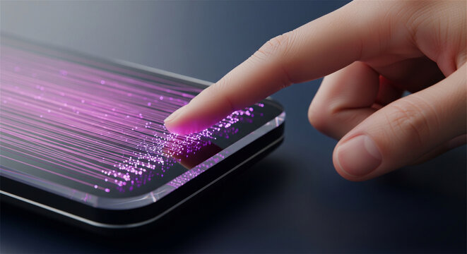 Futuristic biometric fingerprint scanner on smartphone screen, glowing purple digital data particles, person touching mobile phone display