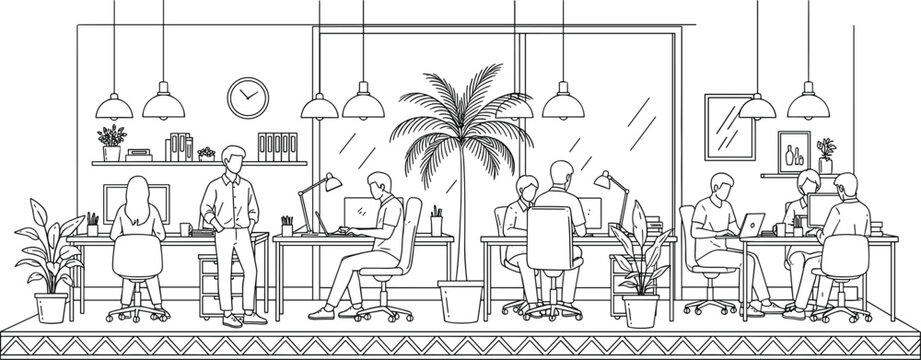 Modern open office workspace illustration featuring collaborative business environment remote teamwork and professional corporate interior design