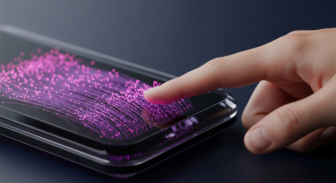 Futuristic smartphone interface with glowing pink data particles, finger touching digital mobile screen, advanced biometric technology concept