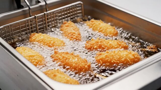 Deep Fried Deliciousness: Close-Up View of Crispy Fried Items Cooking in Commercial Deep Fryer on a Busy Kitchen Background