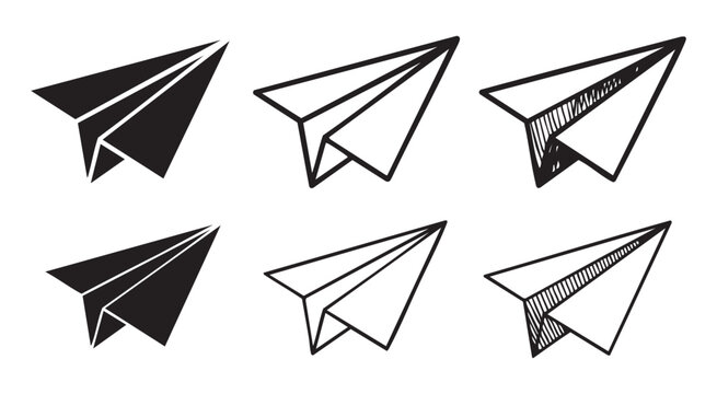 Paper plane icons set featuring hand drawn sketch styles and solid black silhouettes for creativity.