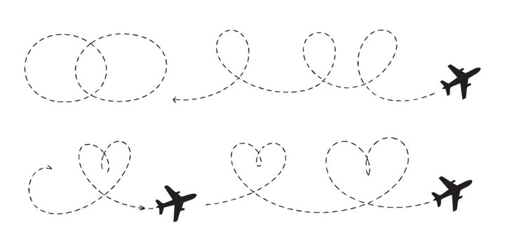 Aviation route set with airplane silhouettes and dashed line path on checkered background vector.