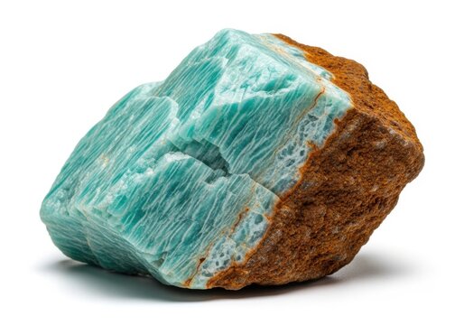Raw amazonite crystal specimen isolated on white background