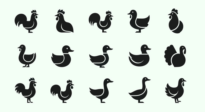 Farm Poultry Icons: Roosters, Ducks, and Turkeys Silhouette Collection
