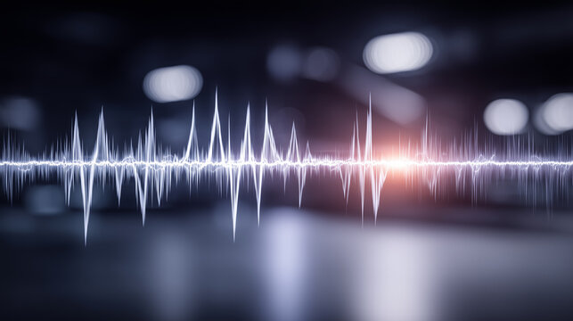A digital audio waveform across an abstract interface, representing voice technology, sound analysis and data driven communication systems.
