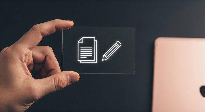Digital document icon on transparent glass card, hand holding virtual contract interface, electronic signature and content creation concept