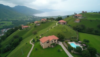 Naklejka premium Aerial view of houses on green hills near a bay. Buildings have red tile roofs and sit on lush grassy slopes. A swimming pool with lounge chairs is visible.