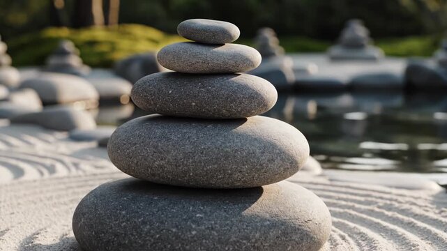 Balanced stack of five smooth grey pebbles on raked white sand in a traditional Japanese zen garden with a reflective water pond and blurred nature background in soft sunlight.