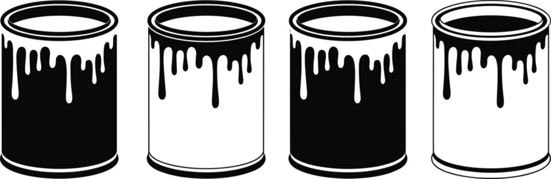 Paint can illustration collection featuring dripping liquid coating containers and monochrome industrial decorating supply concepts