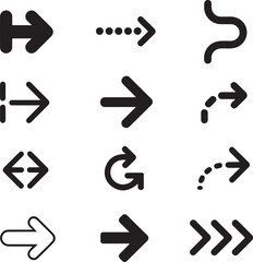 Fototapeta premium Arrows representing directional movement display a diverse collection of solid black geometric shapes suitable for various navigational interface designs and digital pointer requirements.