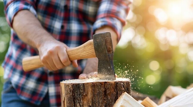 Man hands chopping log with axe outdoors