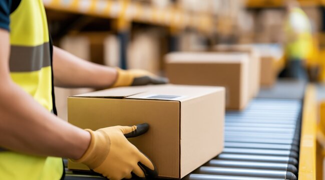 Worker hands holding cardboard box on conveyor belt in warehouse