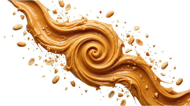 Creamy peanut butter swirl with scattered peanuts isolated on transparent background