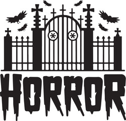 Obraz premium Graveyard gate appears as a decorative black and white illustration incorporating gothic crosses and crow imagery to convey a thematic horror aesthetic for various seasonal event projects.