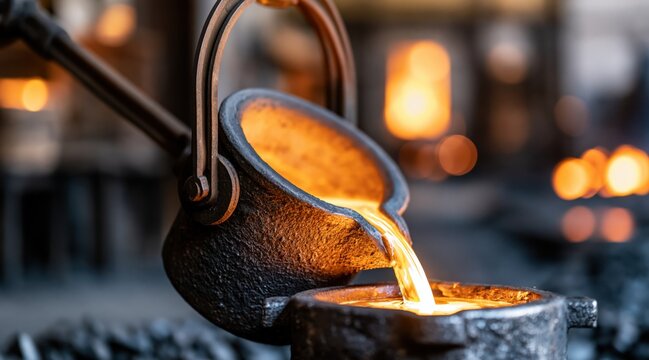 Molten metal pouring from crucible into mold in foundry workshop