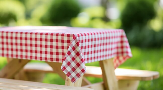 Picnic table with red and white checkered tablecloth in garden
