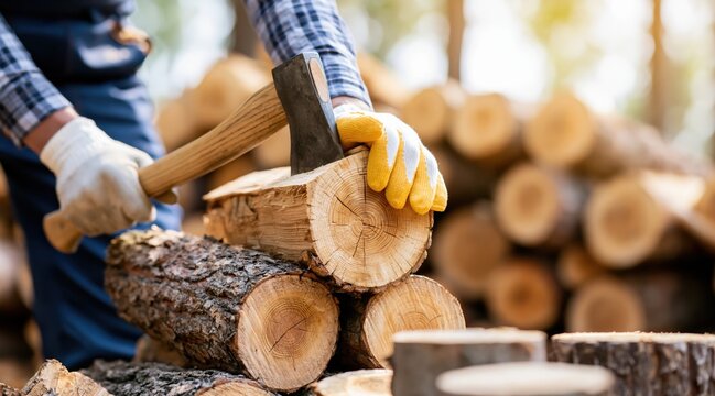Worker splitting firewood logs with axe outdoors