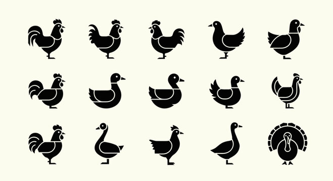 Farm Animal Icons: Rooster, Chicken, Duck, Turkey Silhouettes
