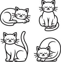 Fototapeta premium Cats in various resting positions are displayed as a set of four minimalist black line art illustrations on a white background, creating a cute and simple collection for design projects.