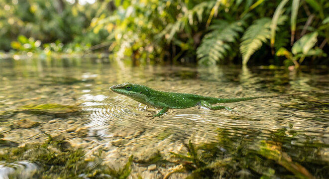 Green lizard walking on water surface in tropical jungle, exotic reptile in rainforest stream, small basilisk lizard in natural habitat