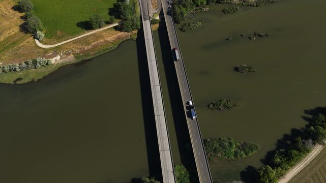 High angle aerial overlooking Snake River and Interstate 84 bridge in Ontario Oregon
