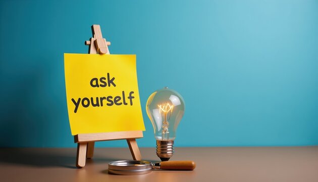 Yellow note with ask yourself text on easel. Light bulb and magnifying glass nearby. Concept for introspection, problem solving, and idea generation.