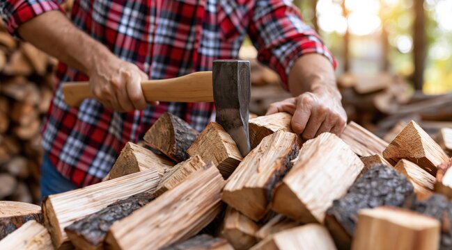 Man splitting firewood with axe outdoors