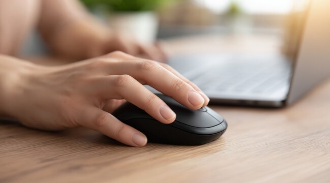 Hand using black computer mouse on wooden desk next to laptop
