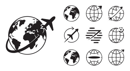 Globe and airplane icons set for global travel and world logistics concept on transparent background. © Maruf