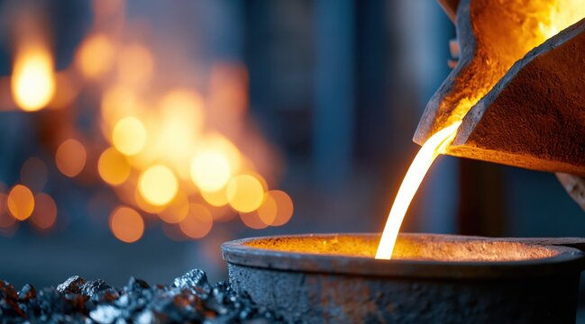 Molten metal pouring from ladle into casting mold in foundry