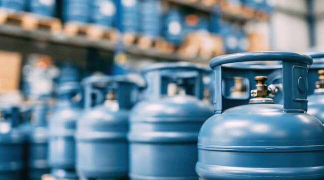 Row of blue gas cylinders in industrial warehouse