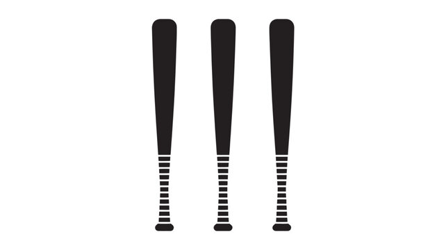 Minimalist baseball bat icons, black silhouette sports equipment set, three professional wooden bat vectors for athletic branding and team logos